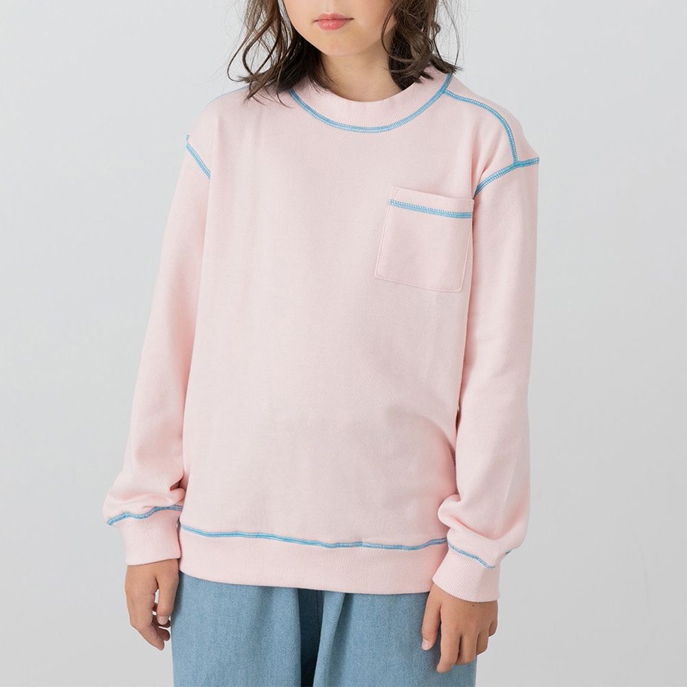 配色縫線簡約裏毛長袖上衣-粉紅x藍線