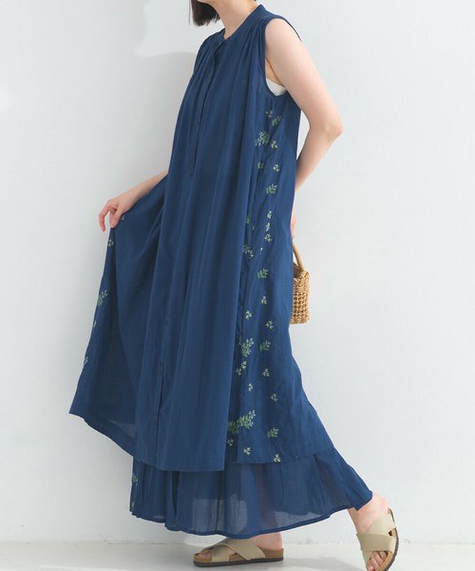 日本 Lupilien - 100%印度棉 優美植物側邊刺繡無袖洋裝-薄荷