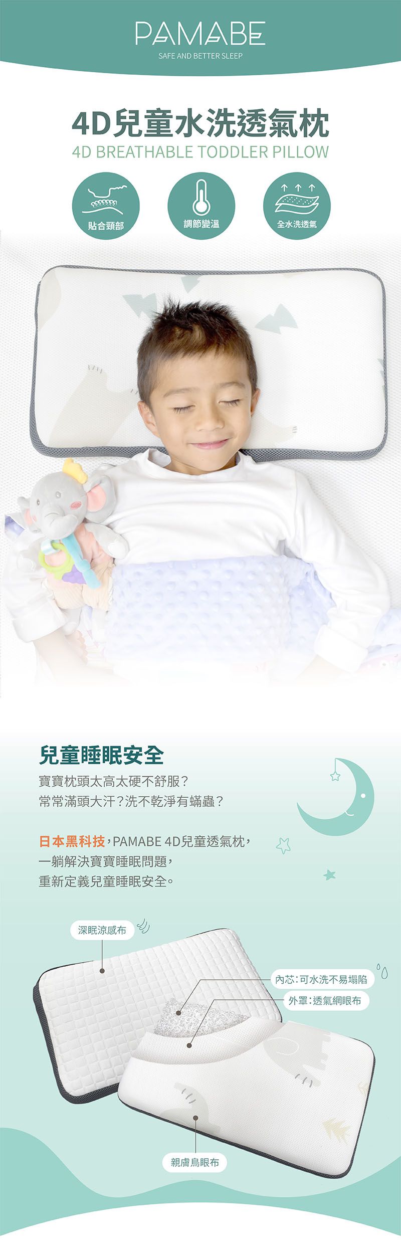 PAMABE - 4D兒童水洗透氣枕-HI FIVE北極熊 (50x30x4.5cm)-買就送無紡布外出提帶