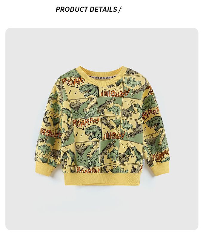 童趣圓領長袖上衣-漫畫恐龍-黃色