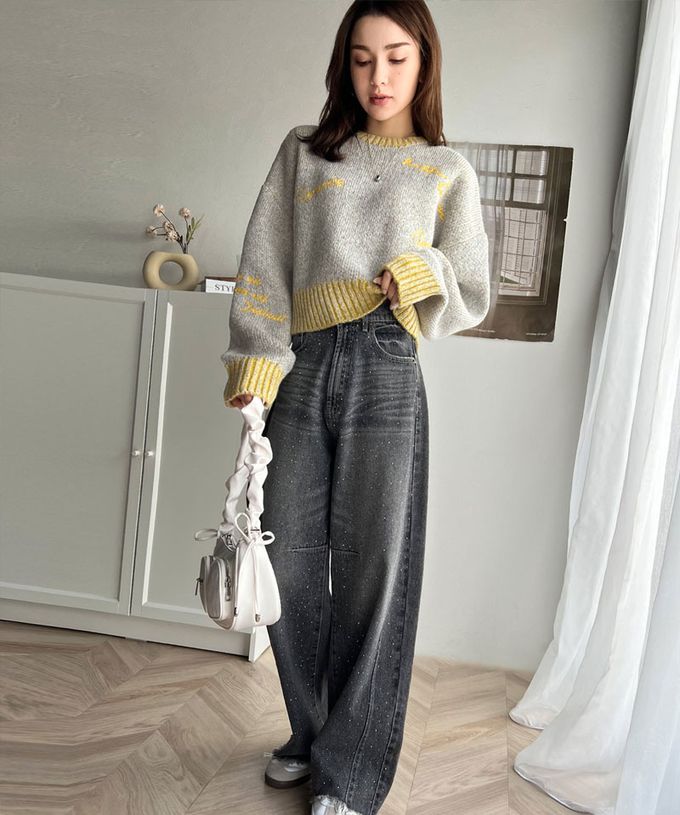 日本 Classical Elf - 英文刺繡時尚配色羅紋毛衣-橘