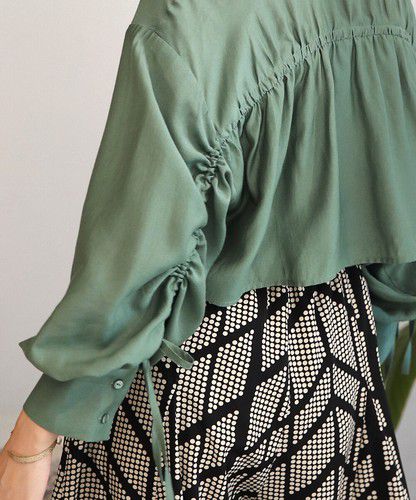 日本 Bou Jeloud - 個性抽繩設計長袖襯衫-淺墨綠
