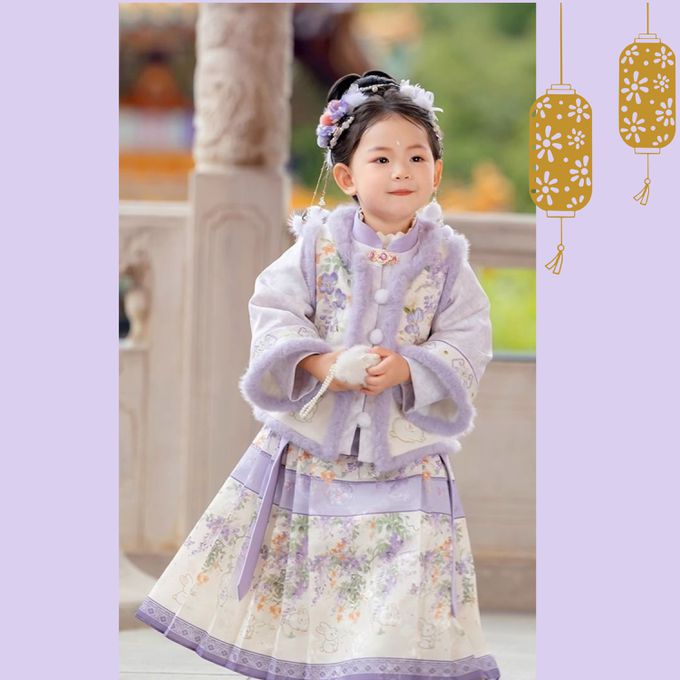 古風棉襖旗袍領外套配小兔花朵馬面長裙 女童冬季漢服 新年拜年服