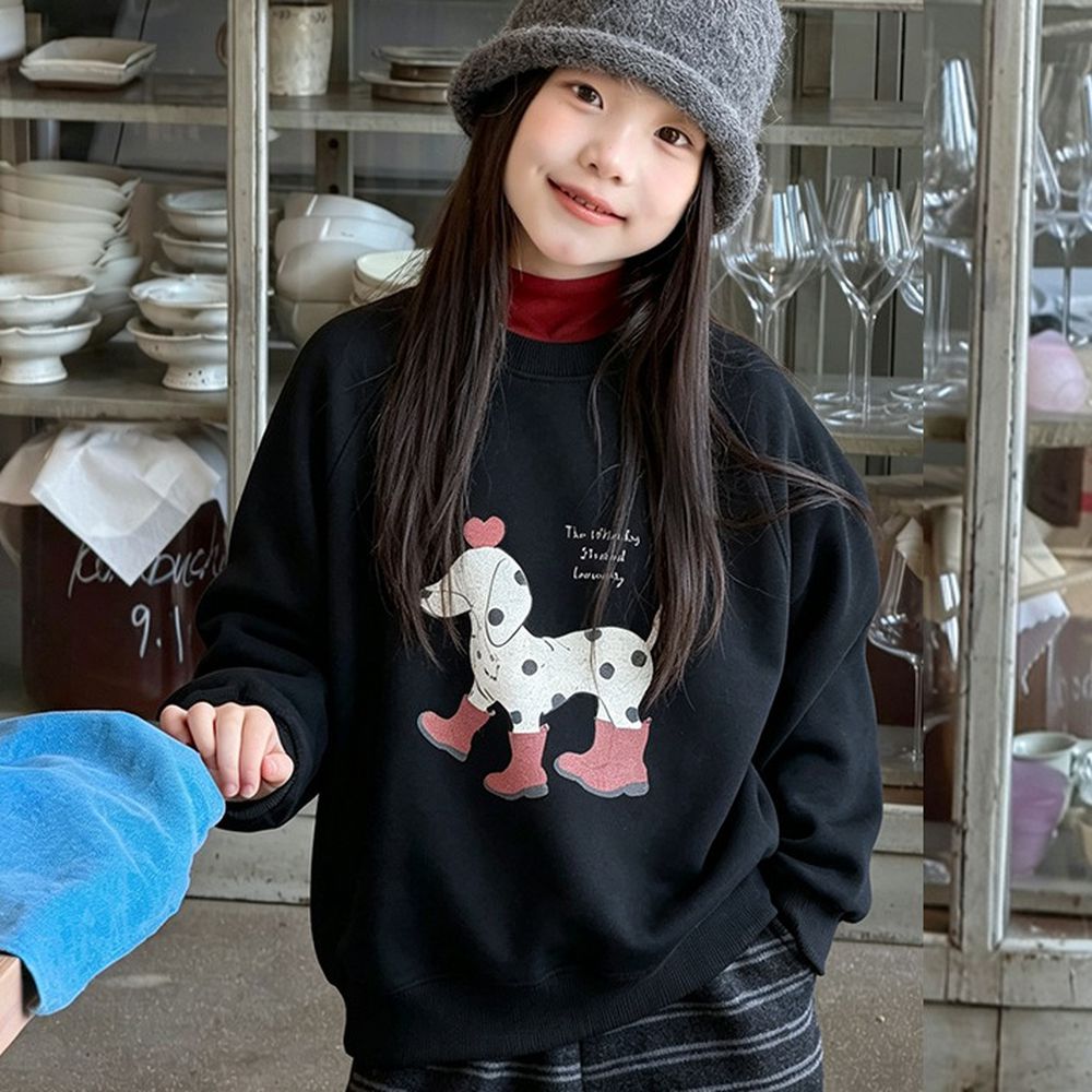 可愛印花裏起毛長袖上衣-黑色