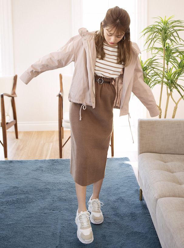 日本 GRL - 顯瘦剪裁圓領薄長袖上衣-條紋-粉紫x白 (F)