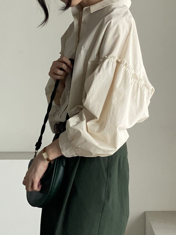 韓國女裝連線 - 極簡拼接翻領長袖襯衫-米杏 (FREE)