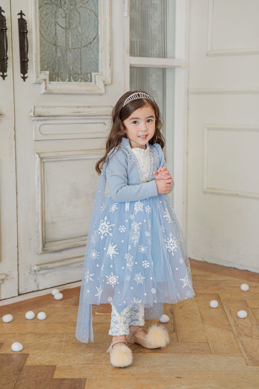 韓國 mari an u - (裏起毛)冰晶雪花女王洋裝(披風可拆)-閃耀藍