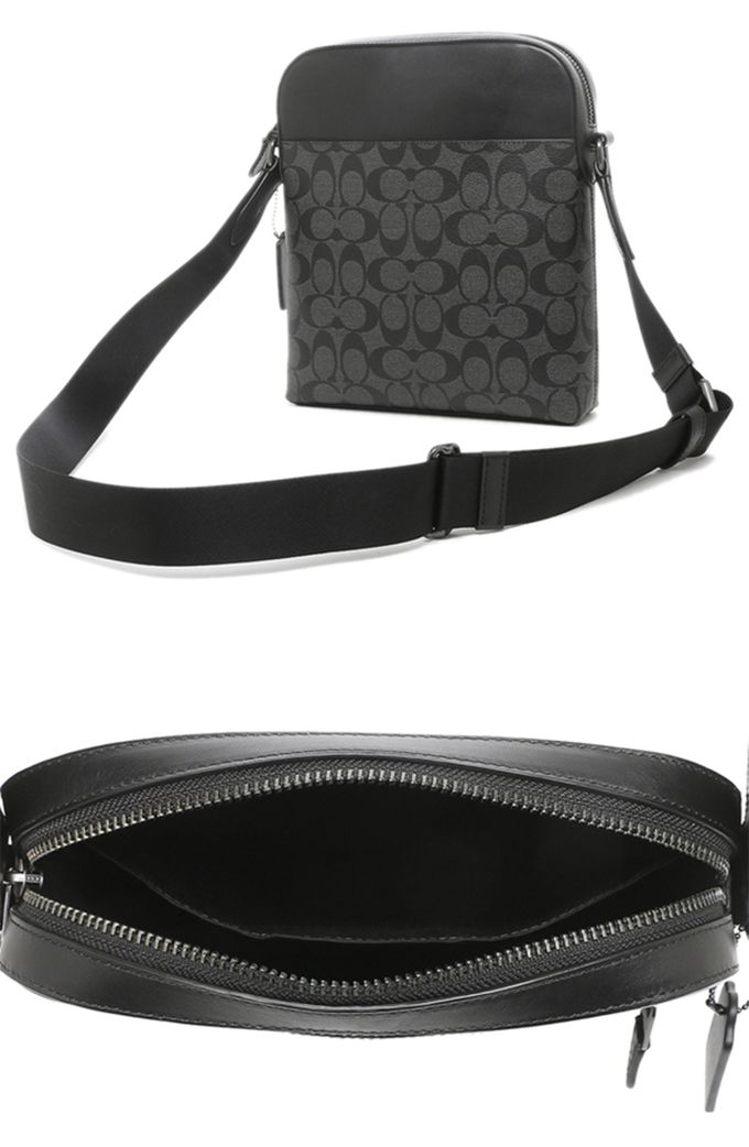 COACH - 滿版LOGO拼接皮革斜背包 (黑灰)