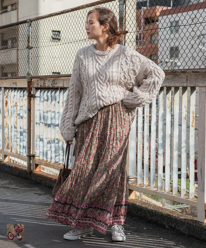 日本 COCA - 100%棉 春日優雅碎花長裙-大人-軍綠x粉紫