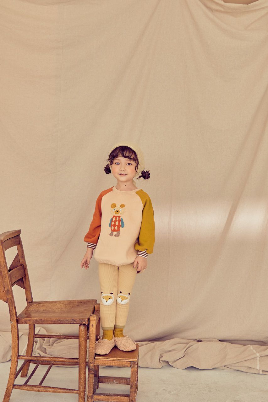 韓國 Mimico - (裏起毛)立體熊熊拼接色T-橘X黃