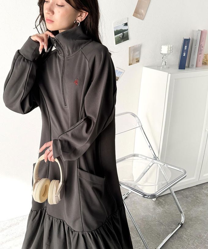 日本 Classical Elf - 異素材荷葉拼接半拉鍊寬版長袖洋裝-炭灰