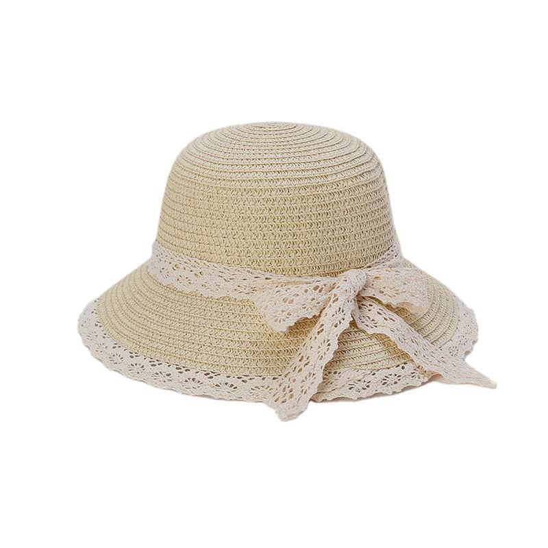 兒童透氣遮陽帽/編織草帽-蕾絲蝴蝶結-米色 (48-50CM)