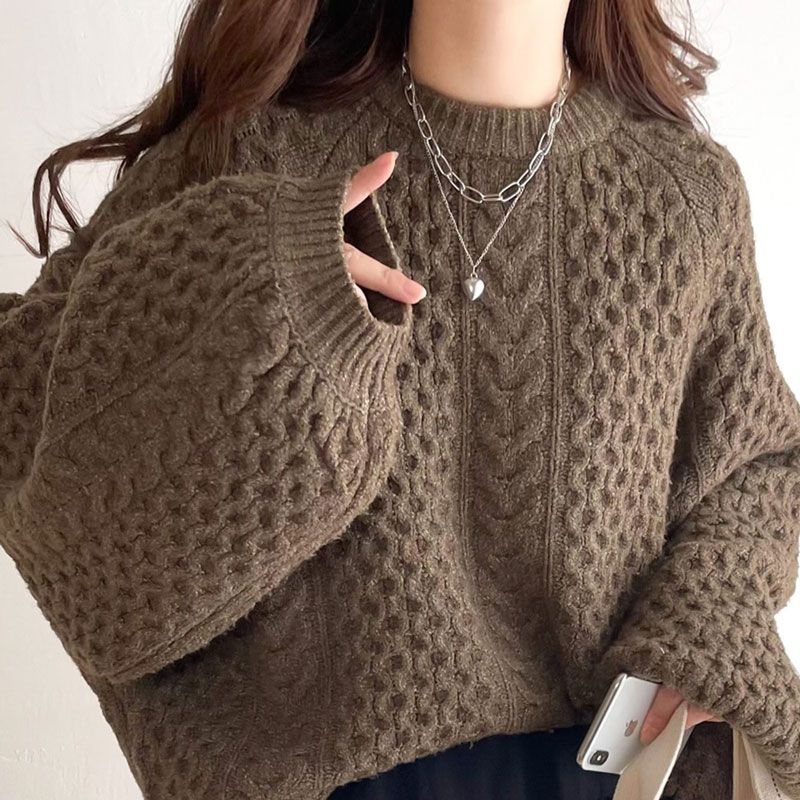 日本 Classical Elf - 百搭粗麻花編織落肩毛衣-草綠