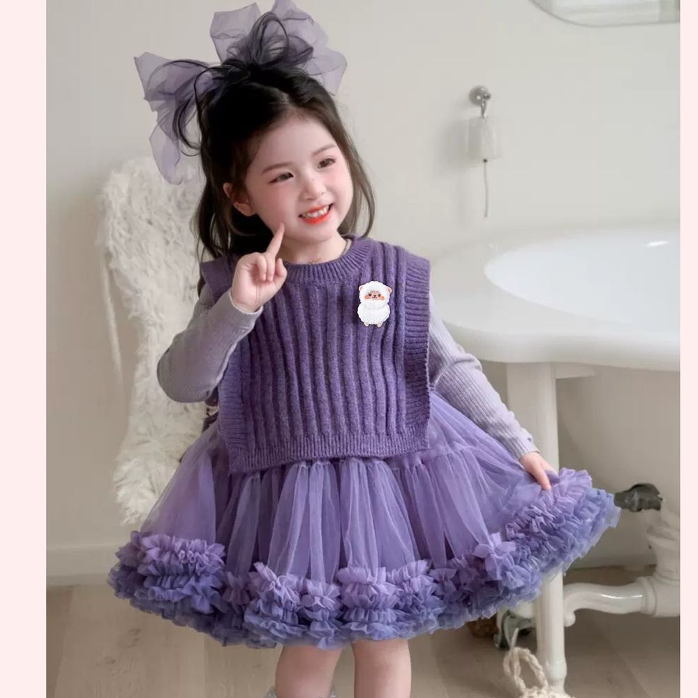 新年生日Party可愛羊駝配飾漸層網紗蛋糕裙長袖洋裝-長袖洋裝+毛衣背心(2件一組)-漸層紫羅蘭色