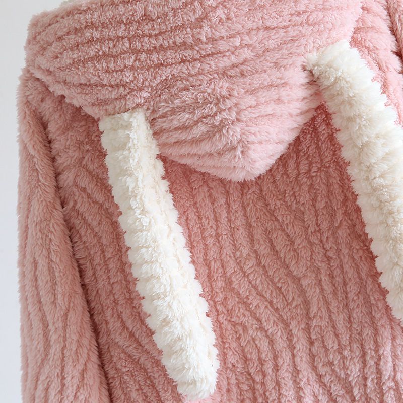 法蘭絨造型暖暖連身睡袍-兔子耳朵-米白色