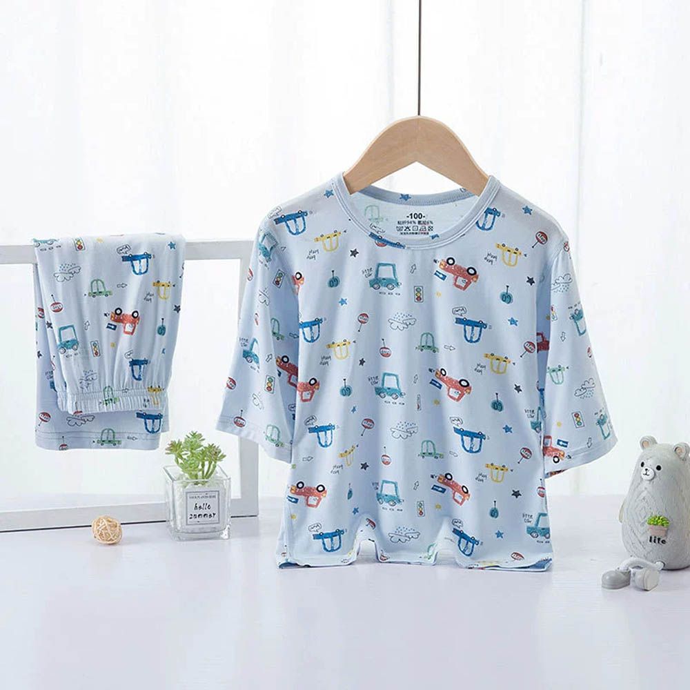 輕盈透氣七分袖家居服套裝/空調服-汽車-藍色