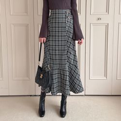 日本 GRL - 後腰鬆緊唯美金扣格紋魚尾裙-黑灰