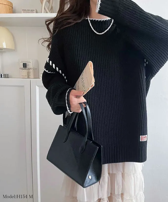 日本 Classical Elf - Java 落肩滾邊縫線粗針織長版上衣-黑x白