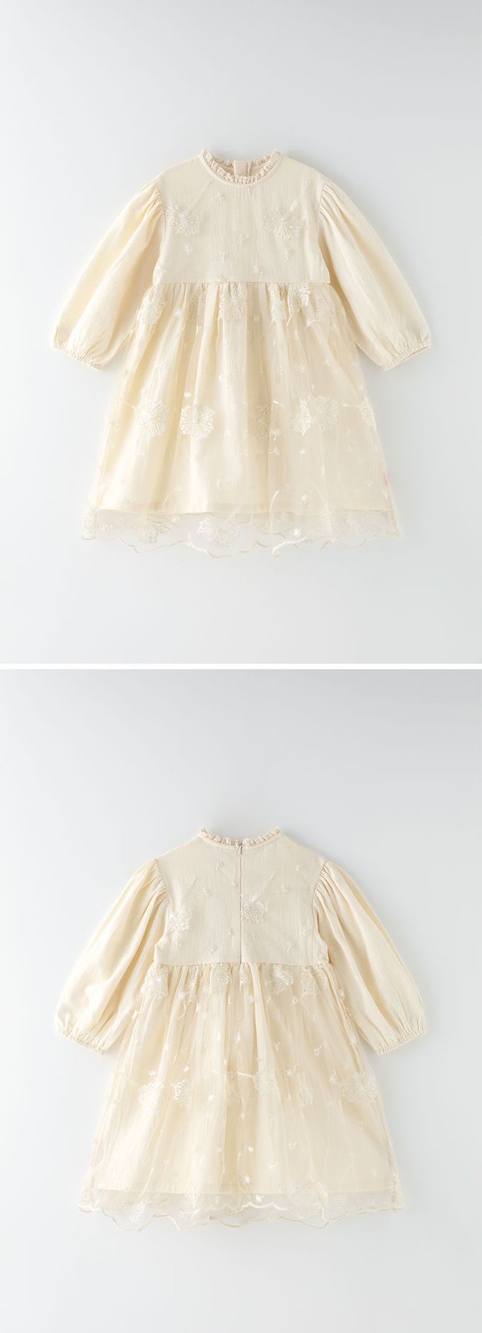 韓國 OZKIZ - 蒲公英繡拼接網紗連身洋裝-米