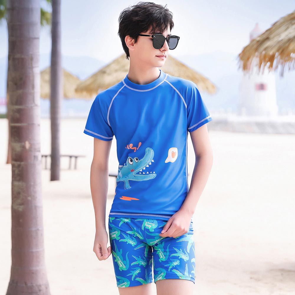 大童男孩短袖泳衣套裝(二件組)-萌萌鱷魚-藍色-泳衣、泳褲