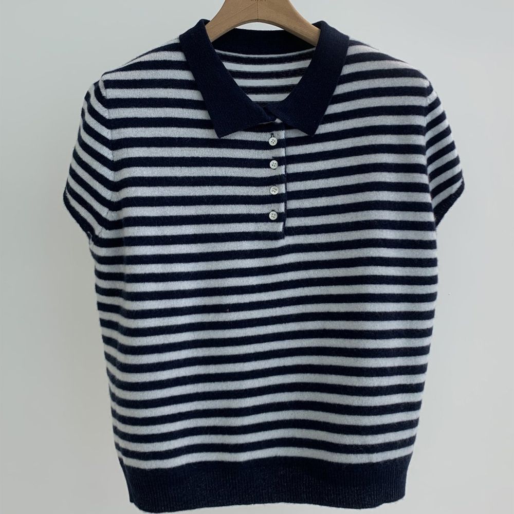 翻領小釦羊毛混織短袖上衣-條紋-海軍藍 (FREE)