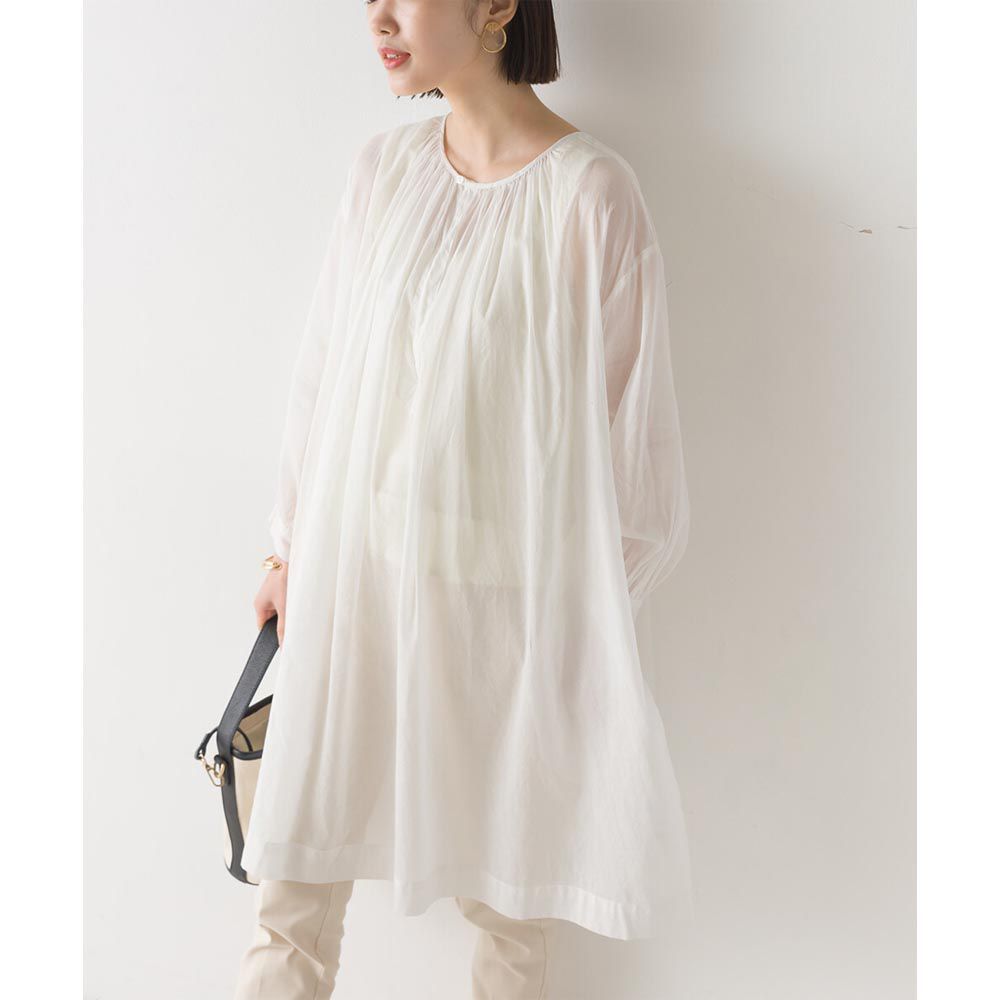 日本 OMNES - 微透膚圓領落肩長袖洋裝-白
