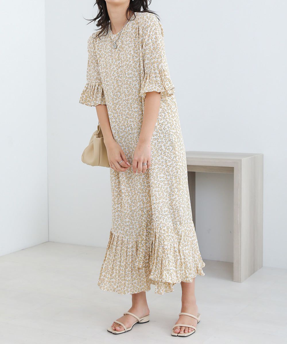 日本 Bab - 圓領碎花糖果袖洋裝-奶油白