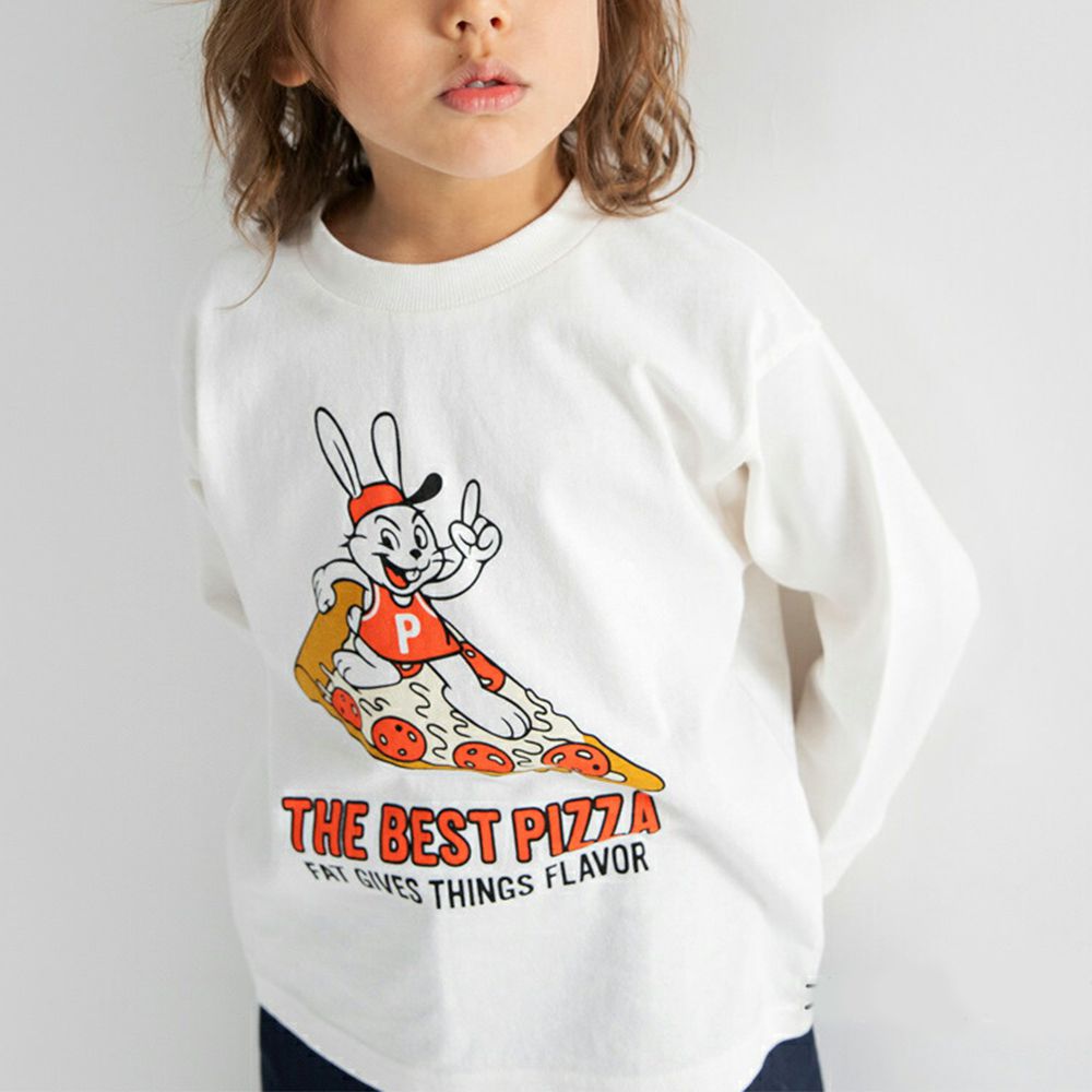 100%棉 美式印花薄長袖上衣-兔子送披薩-白