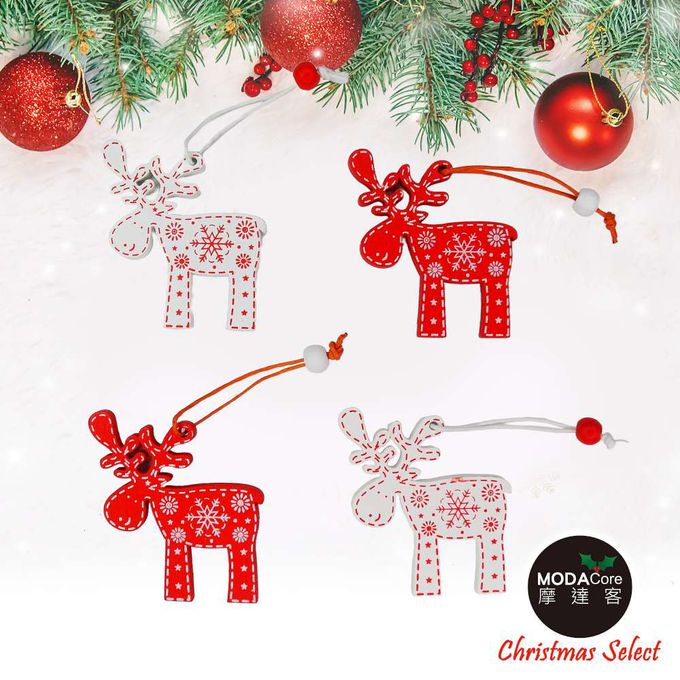 MODACore 摩達客 - 摩達客耶誕-可愛木質彩繪(單面)吊飾-紅白麋鹿混款24入(12入*2盒裝)