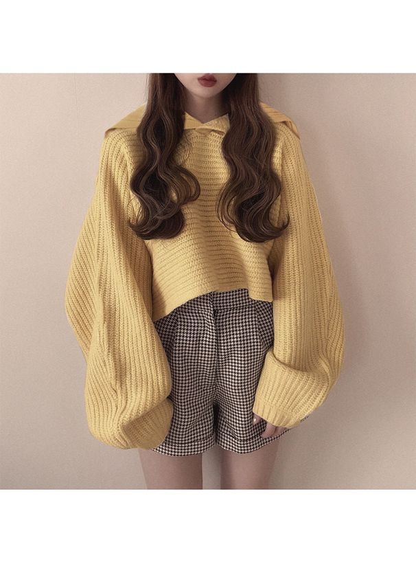 日本 GRL - 大水手領寬鬆短版針織上衣-米