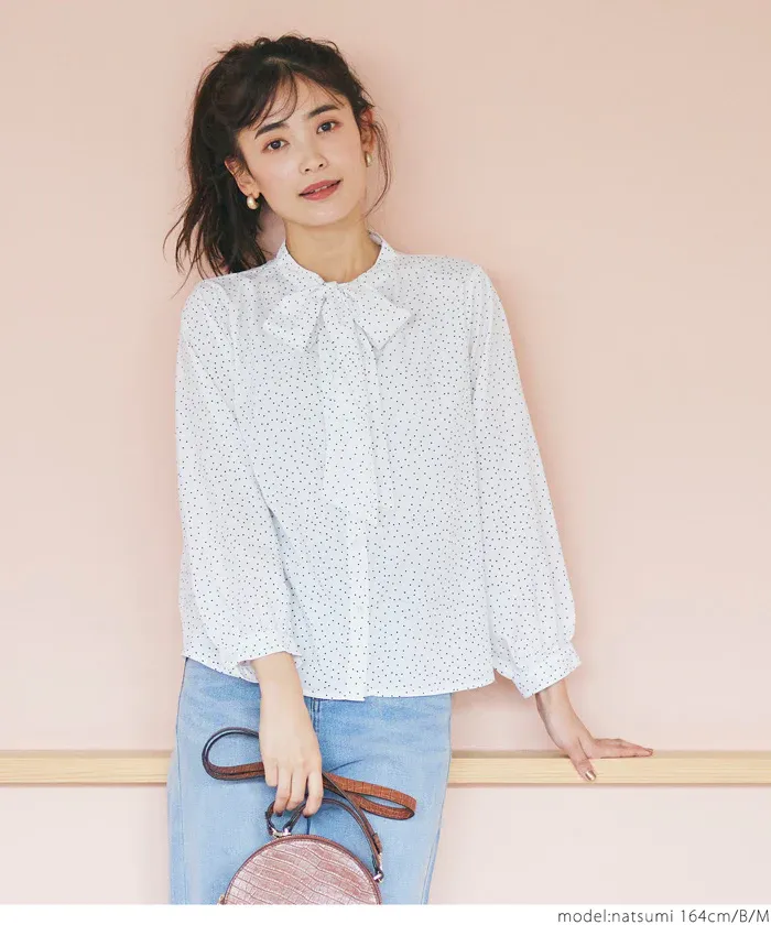 日本 COCA - 優雅紐結雪紡長袖上衣-點點-白