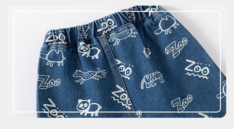 WELLKIDS - 腰鬆緊休閒牛仔五分褲-動物園-淺藍色