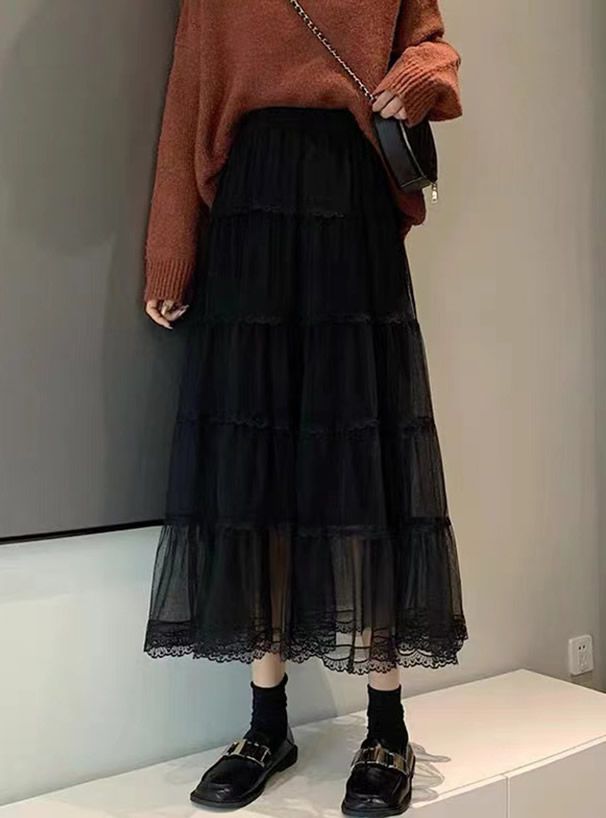 日本 GRL - 柔美層次蕾絲滾邊紗裙-灰藍