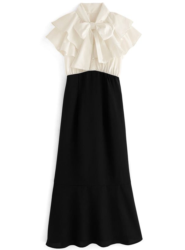 日本 GRL - 華麗蝴蝶結拼接魚尾洋裝-黑x白