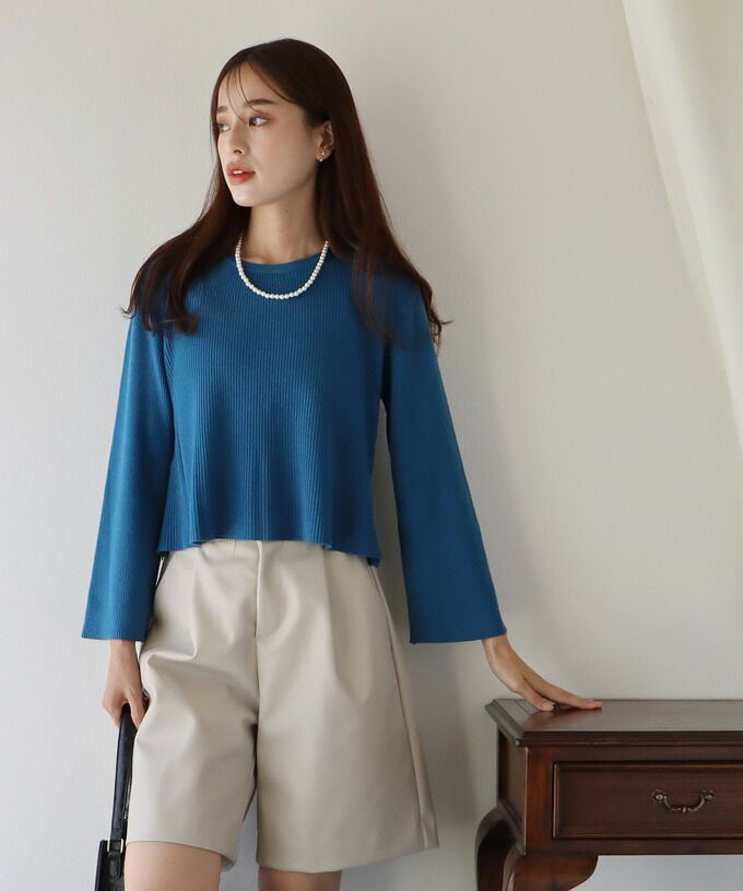 日本 BLUE EAST - 後交叉設計羅紋長袖上衣-咖啡棕