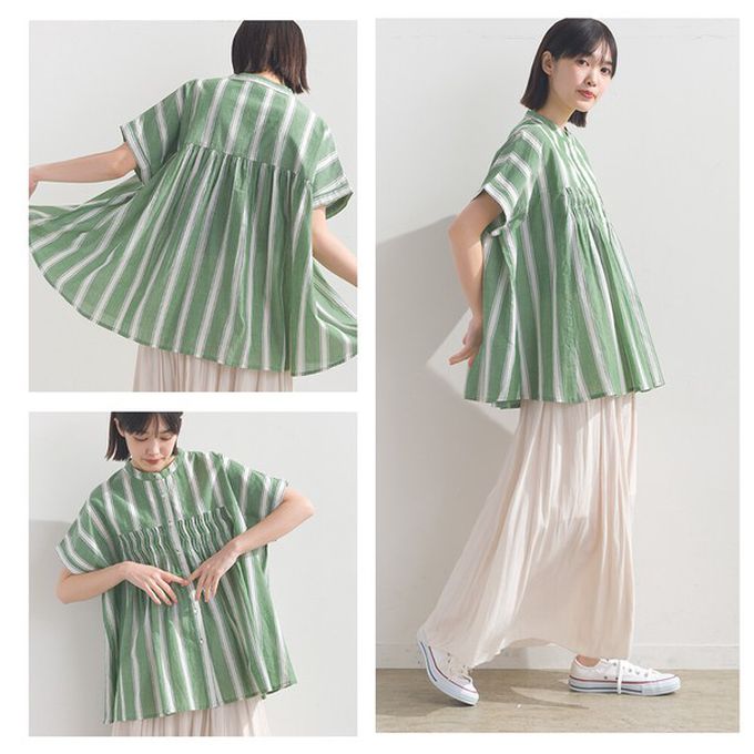 日本 OMNES - 100%印度棉 皺摺傘狀短袖襯衫-綠條紋