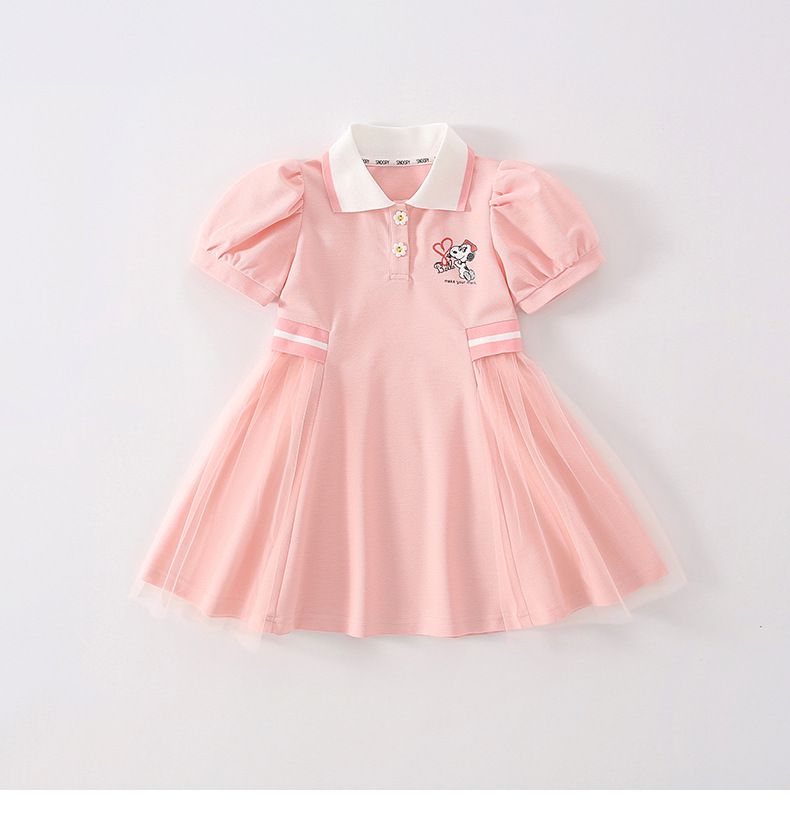 卡通SNOOPY翻領收腰網紗短袖連身裙-Belle愛心-藍色