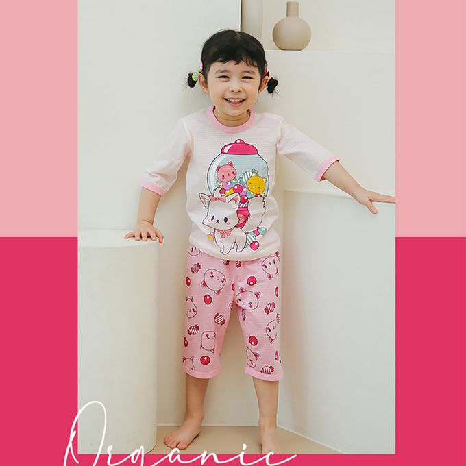 正韓 Puco - 超優質嬰幼兒/兒童七分袖100% 有機純棉家居服/睡衣-泡泡糖貓