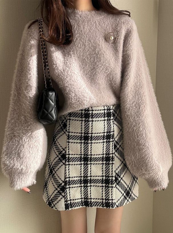 日本 GRL - 浪漫感毛海針織上衣(附珍珠胸針)-藍 (F)