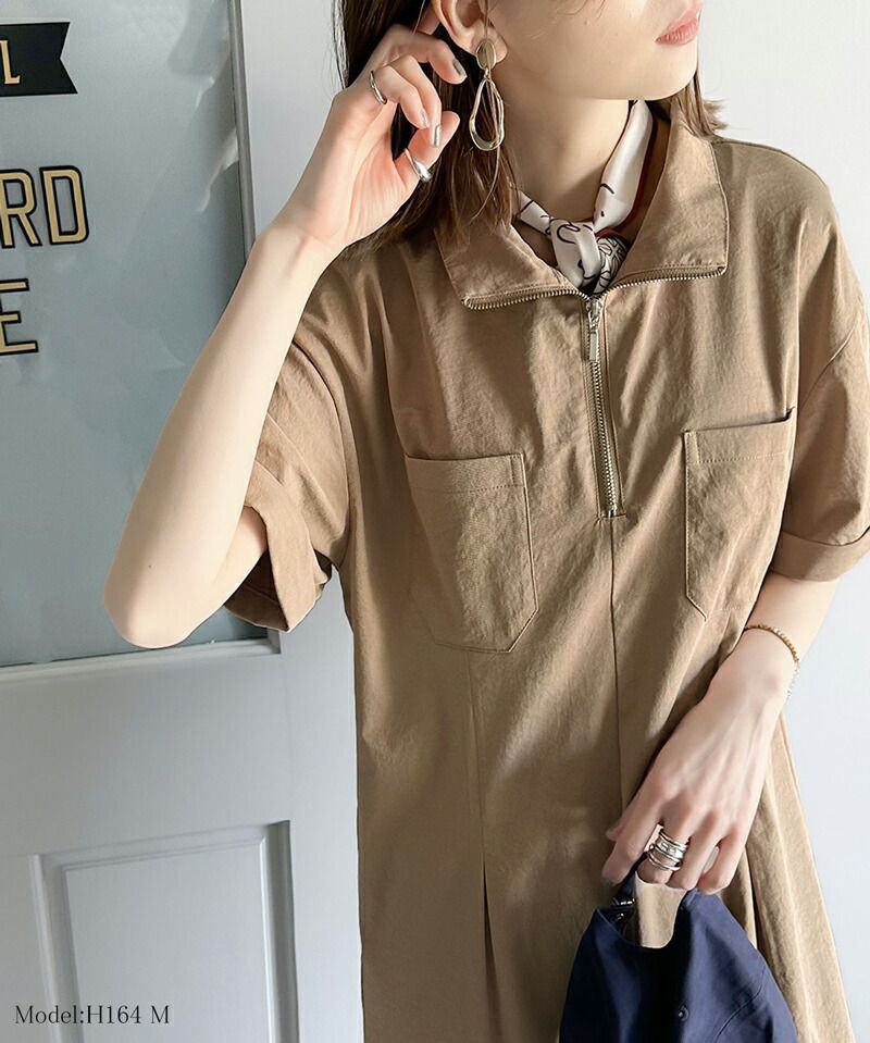 日本 Classical Elf - 酷甜工裝風拉鍊翻領洋裝-焦糖棕