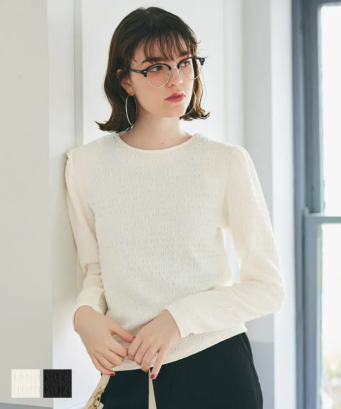 日本 COCA - 圓領泡泡抓皺薄長袖上衣-黑