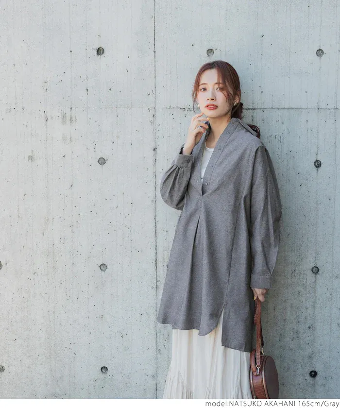 日本 COCA - 質感翻領排扣中長版襯衫-深灰