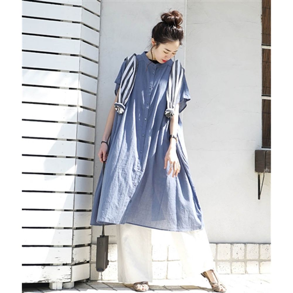 日本 zootie - 純棉顯瘦剪裁輕薄傘狀短袖洋裝/外套-星塵藍 (F)