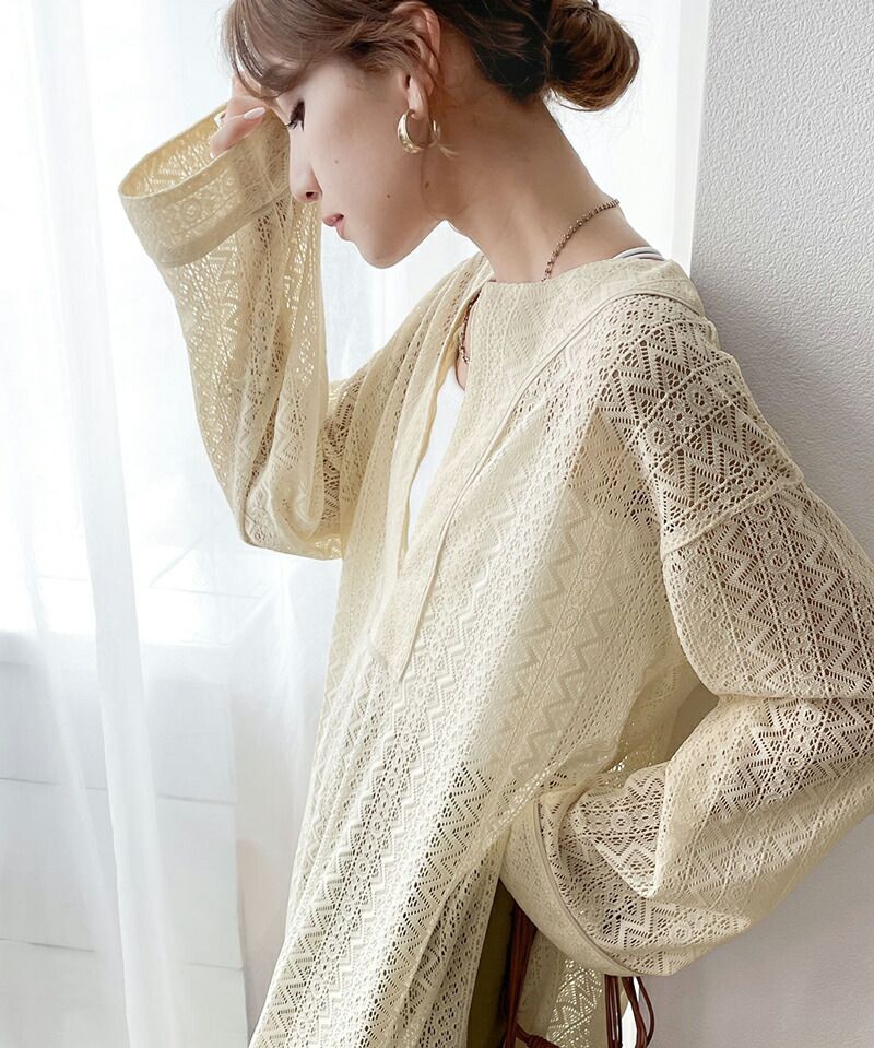 日本 Classical Elf - 早春幾何雕花鉤針長版洋裝-米白