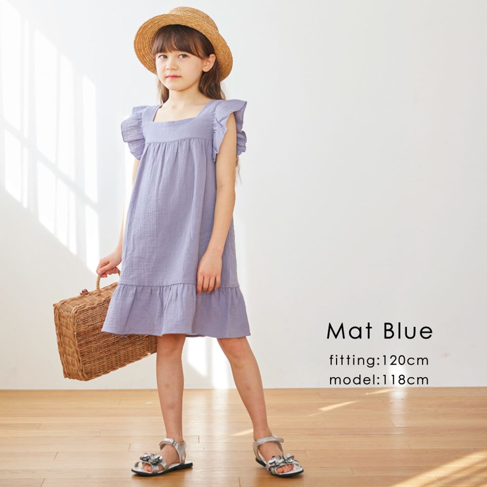 日本 evercloset - 小清新純棉柔軟荷葉袖洋裝-藍紫