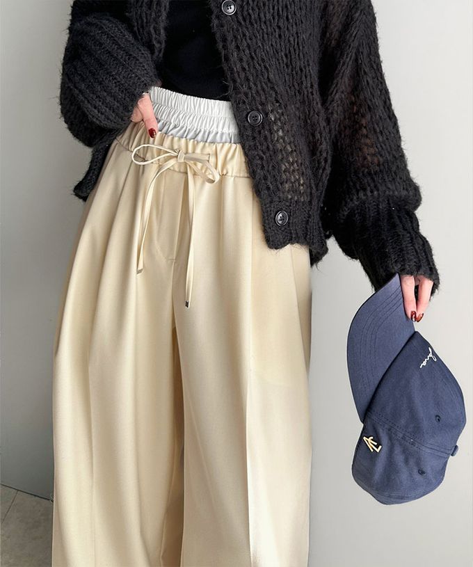 日本 Classical Elf - 腰部層次皺摺休閒舒適大寬褲-炭灰