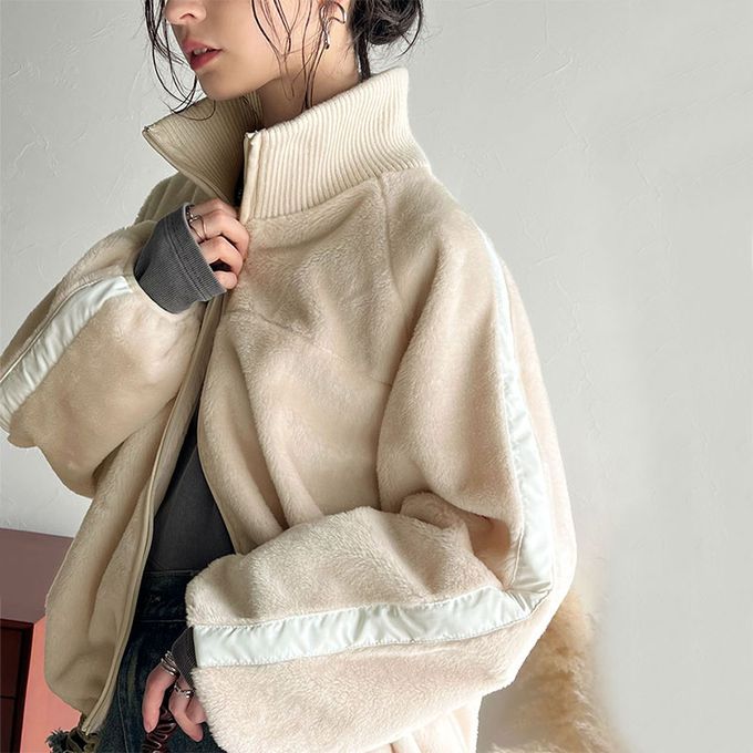 日本 Classical Elf - 率性立領絨面拼接大寬袖夾克-米白