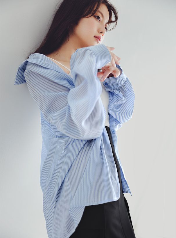 日本 GRL - 經典條紋長袖襯衫/薄外套-淺粉 (F)