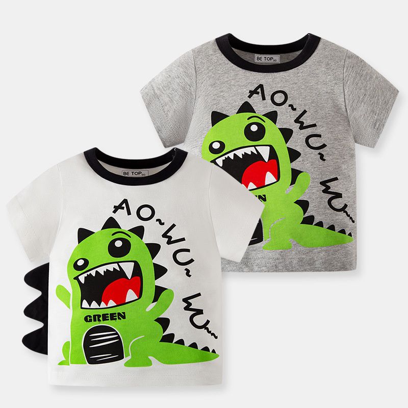 BE TOP - 純棉立體短袖上衣-咆哮黑眼壞壞恐龍-米白色