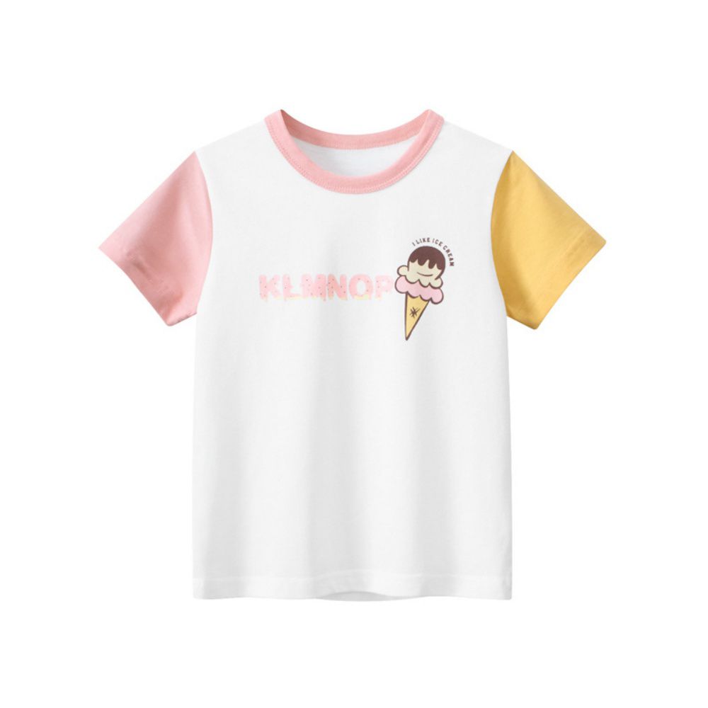 純棉短袖上衣-拼色冰淇淋-粉+白+黃